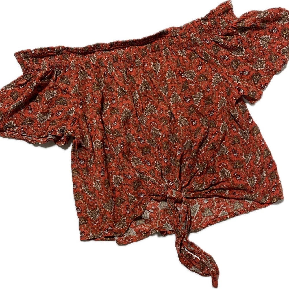 Mason and Belle Rust Orange Floral Off-Shoulder Tie-Front Top S